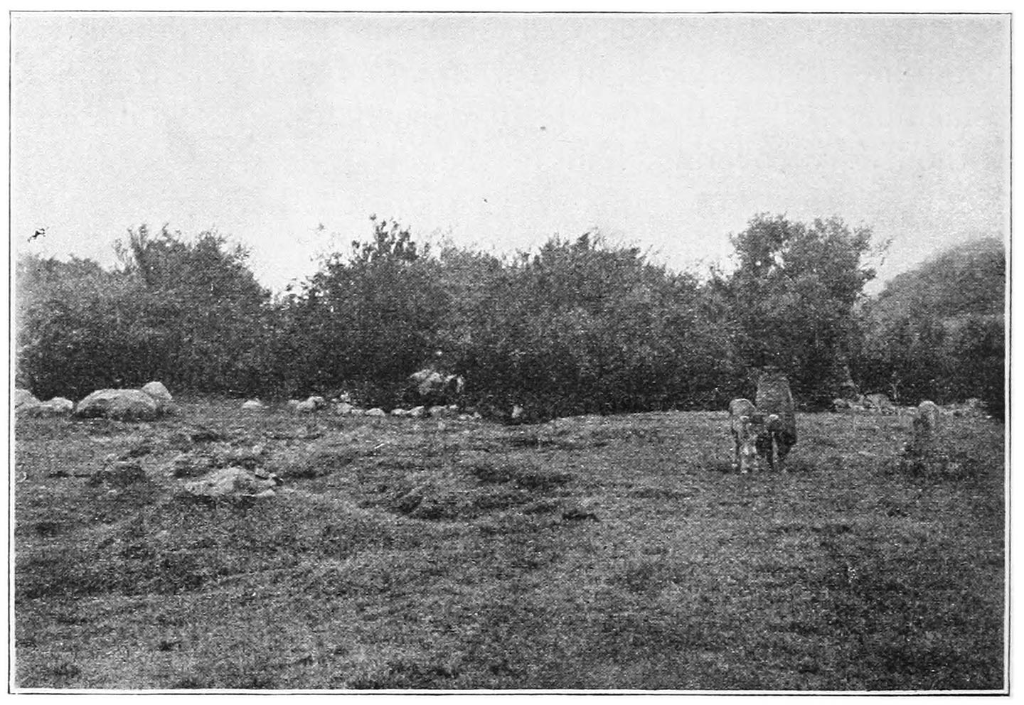 FIG. 70.—A VIEW OF NÒDRS. THE STONE IN THE FOREGROUND ON THE LEFT IS THE ‘NEROVKARS’; THAT ON THE RIGHT IS THE ‘UTEIKS.’ IN THE BACKGROUND IN THE CENTRE IS AN OLD ‘TU.’ THE LOWER PART OF THE CONICAL DAIRY CAN BE SEEN BETWEEN THE BOY AND THE ‘UTEIKS.’