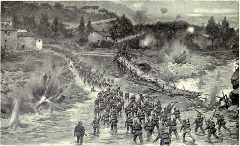 Troops crossing a river