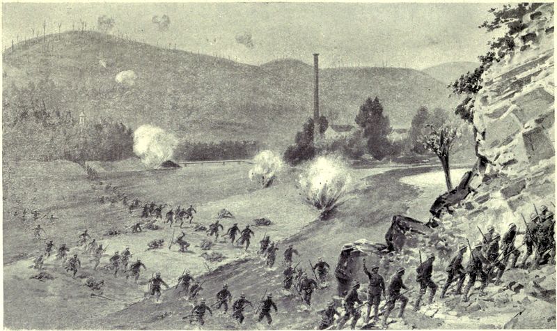 Troops crossing a river under fire