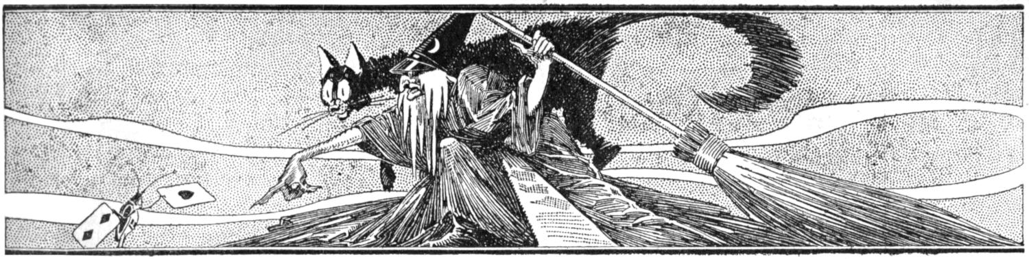 Chapter heading: witch with broomstick and black cat