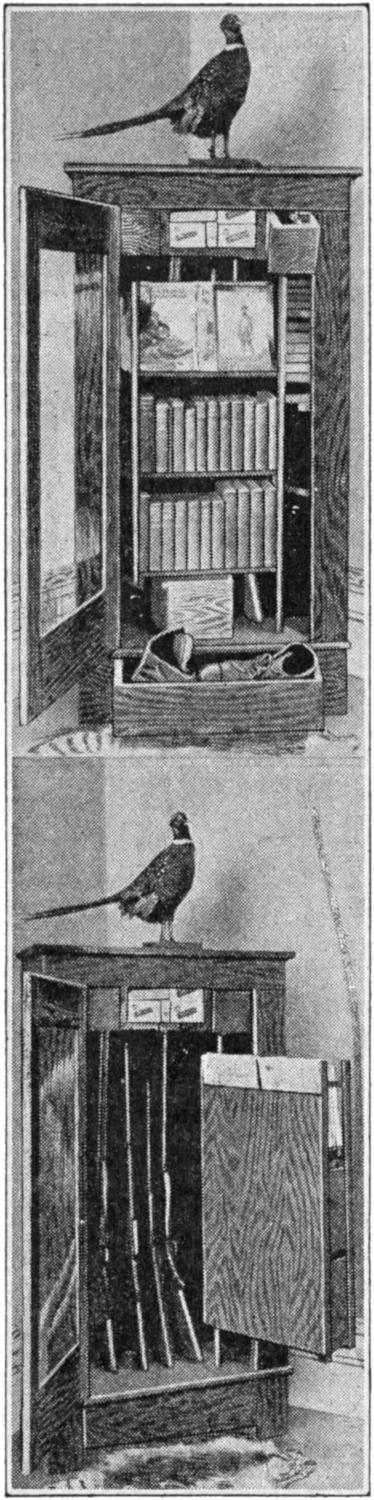 Gun and equipment cabinet with pheasant on top and book shelves