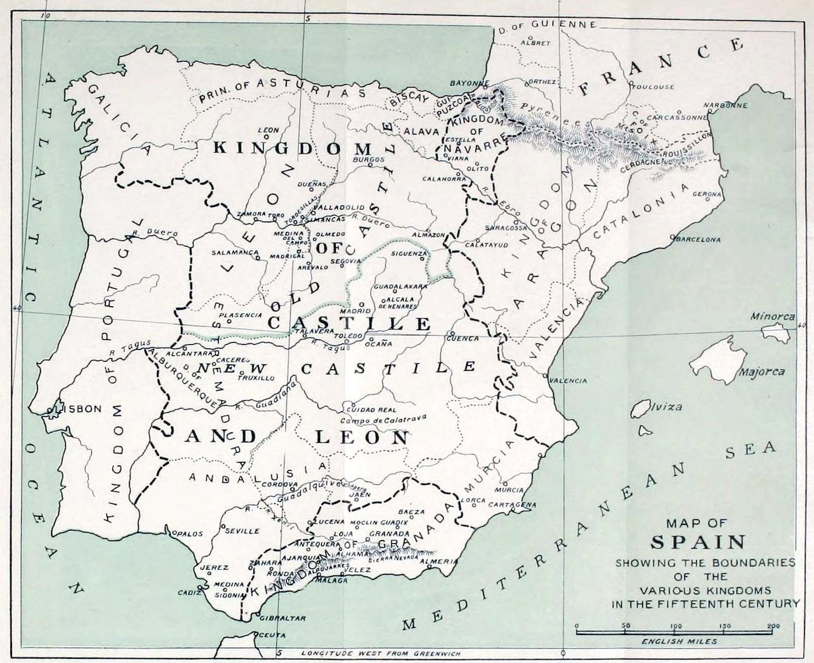 MAP OF SPAIN SHOWING THE BOUNDARIES OF THE VARIOUS KINGDOMS IN THE FIFTEENTH CENTURY