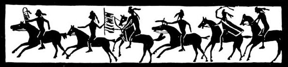 Native American line drawing: Riders on horses