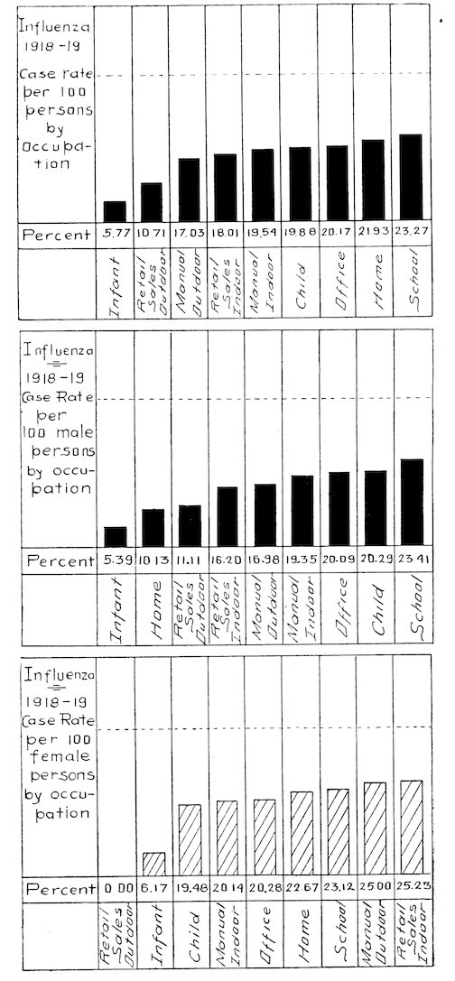 Influenza 1918–19 Case rate per 100 persons by Occupation<br>Influenza 1918–19 Case Rate per 100 male persons by occupation<br>Influenza 1918–19 Case Rate per 100 female persons by occupation