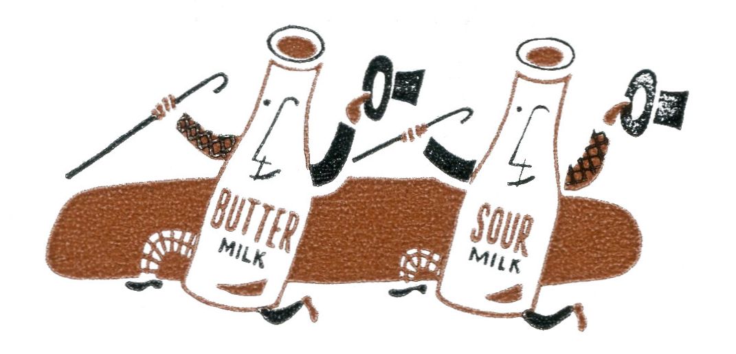 (Bottles of butter milk and sour milk with hats and canes)