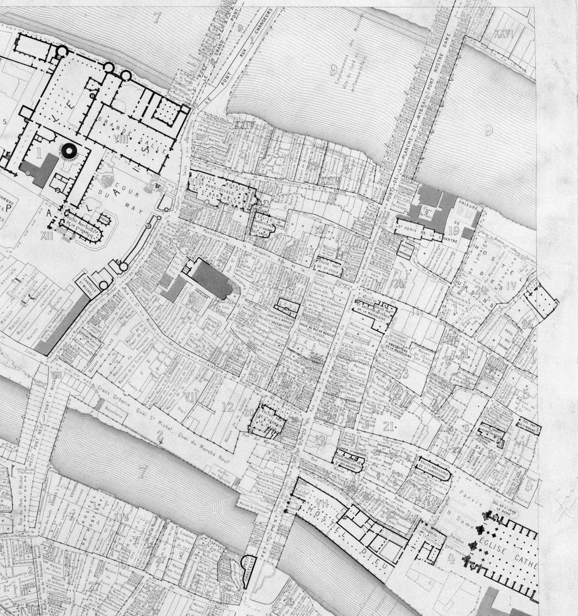 Paris.—Typ. Tolmer et Cⁱᵉ.   LA CITÉ AU XVᵉ SIÈCLE  AVEC LES ENSEIGNES DES MAISONS  Extrait de la feuille X du plan de l’ancien Paris, restitué par Albert Lenoir et Adolphe Berty. (Archives de la Commission des Monuments Historiques.)