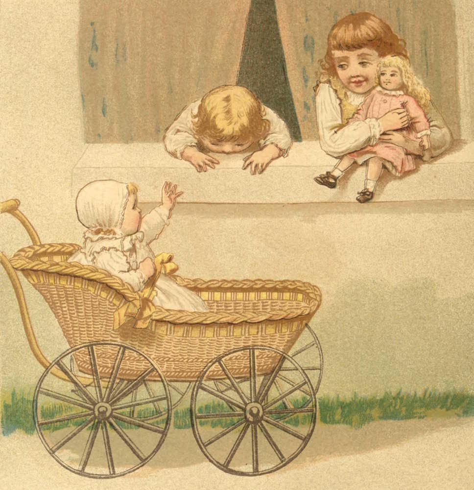 Young girls looking at baby in stroller