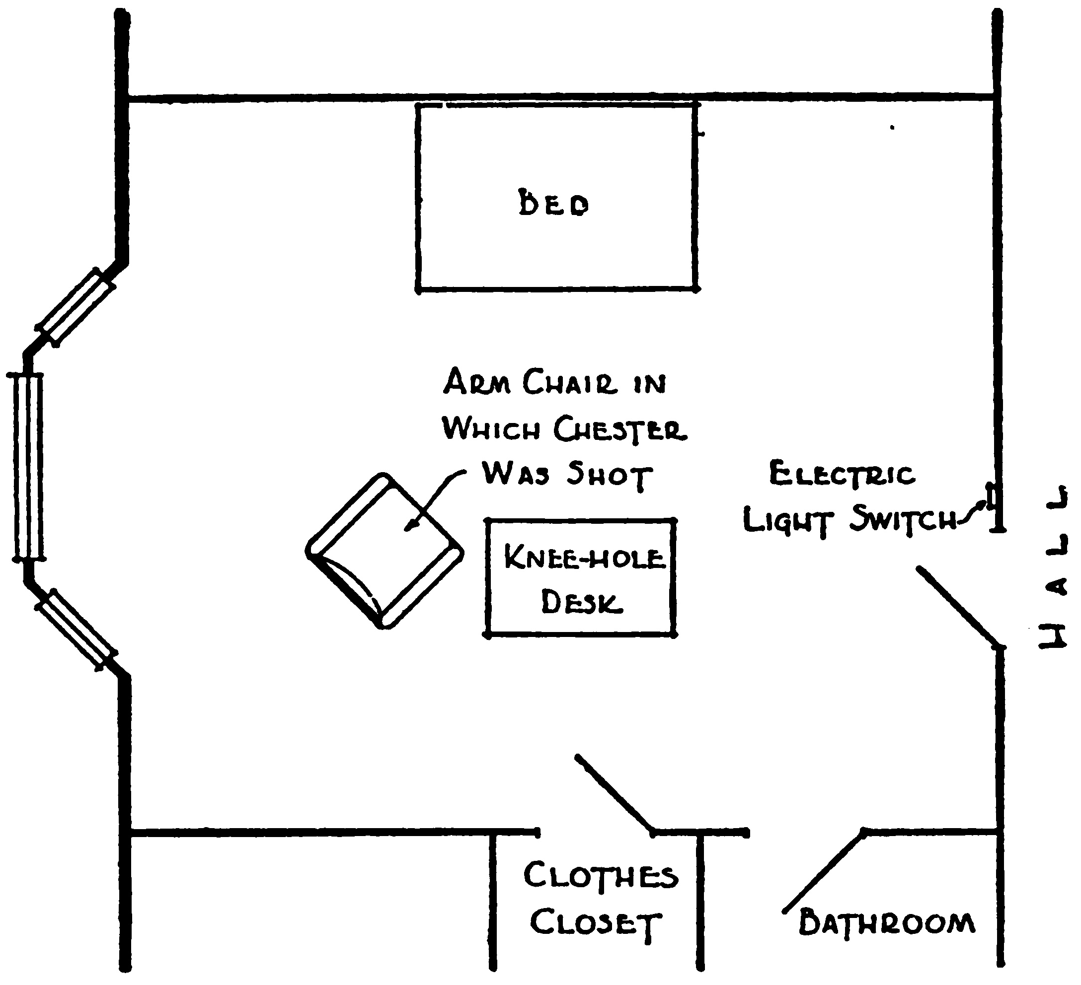 A plan of a bedroom. In the     center of the room is a knee-hole desk and a chair labelled     “arm chair in which Chester was shot.” The bed is against one     wall, and on the opposite wall are doors leading to a closet and     a bathroom.