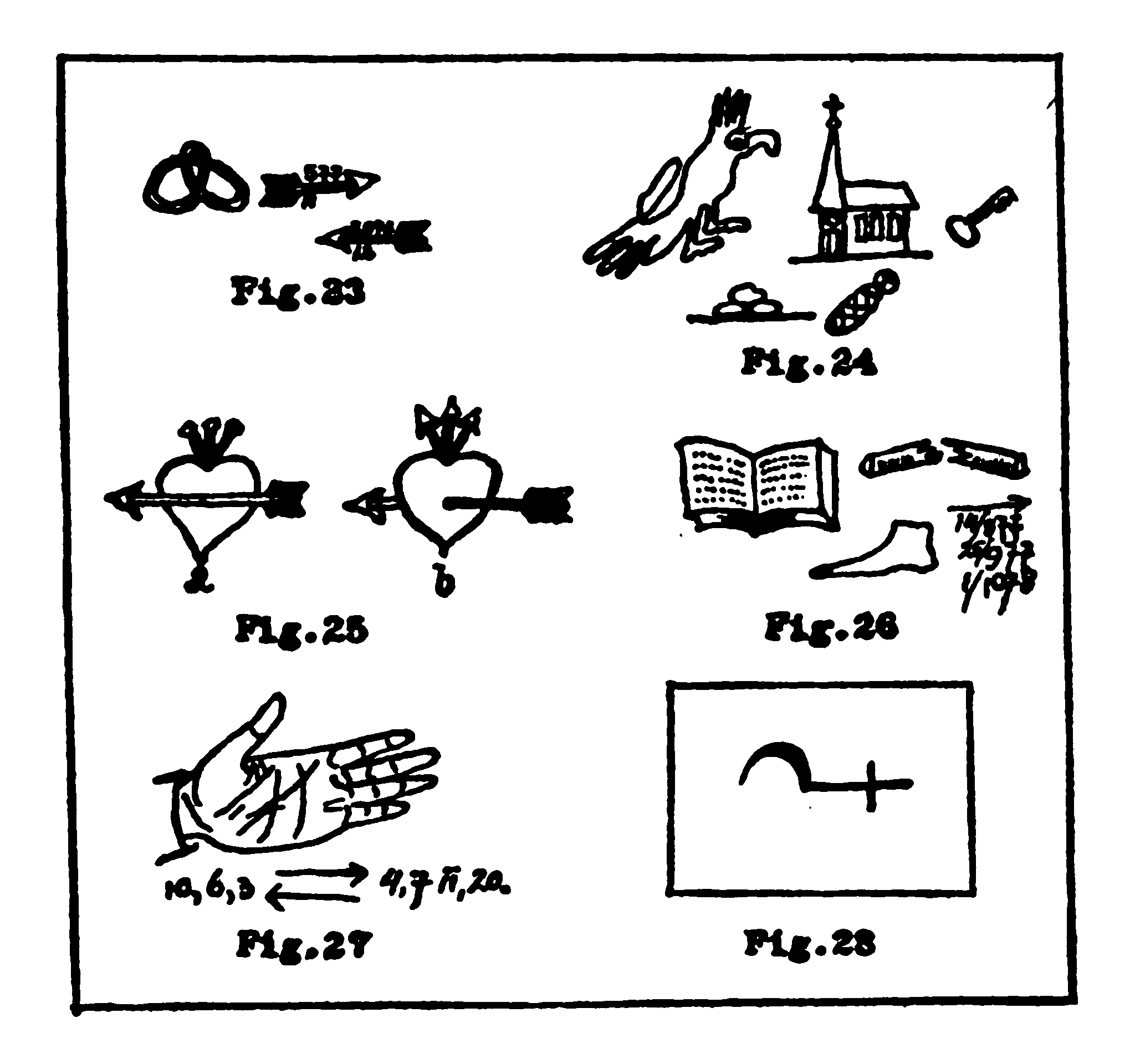A set of six figures, labelled     “Fig. 23” through “Fig. 28,” showing a variety of arcane drawings.     Fig. 24, for example, is a drawing of a parrot, a pile of three     stones, a church, a key and a swaddled infant. Fig. 25 shows two     variants of a drawing of a heart pierced by arrows and/or nails.     The other figures include drawings of things such as a knot,     numbered arrows, a hand, and a book.