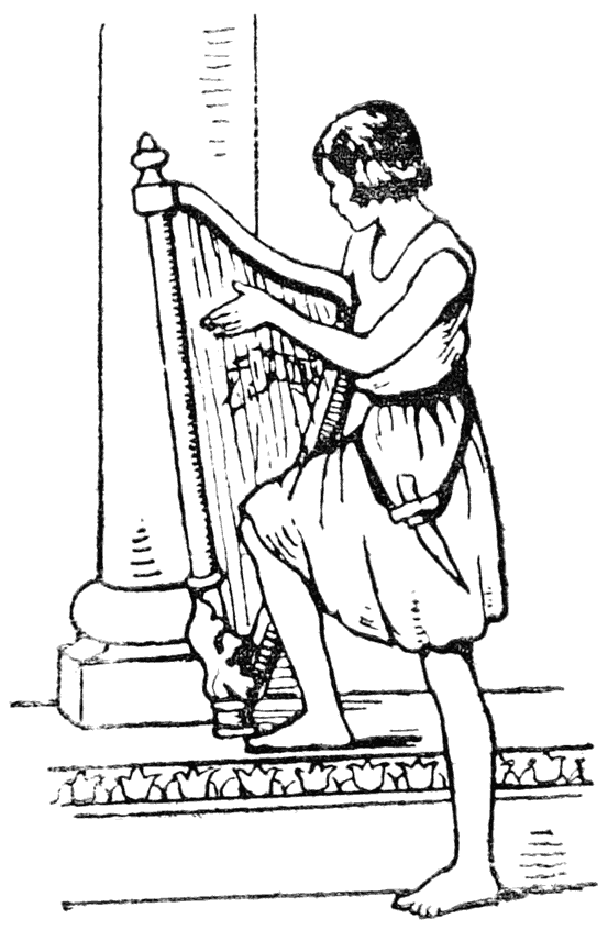 Boy playing harp in front of pillar.