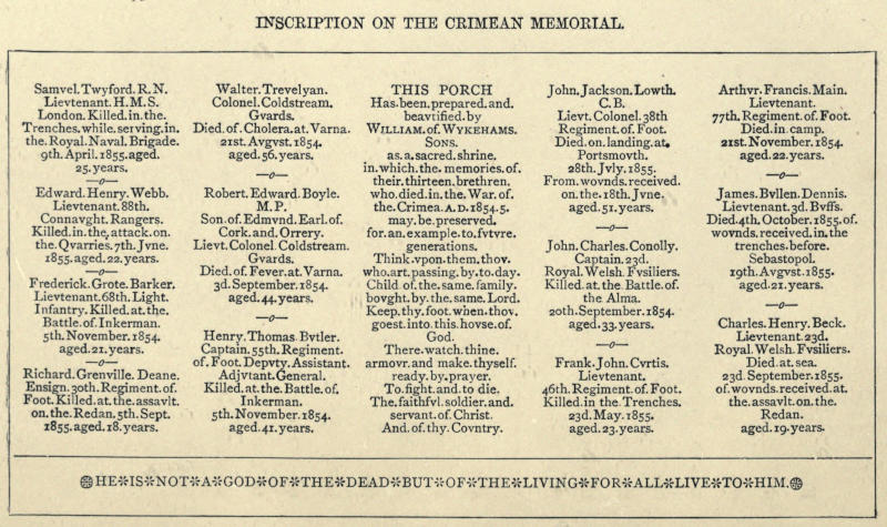 Samuel Twyford R.N. Lieutenant H.M.S. London. Killed in the  Trenches while serving in the Royal Naval Brigade 9th April 1855 aged 25 years. Edward Henry Webb. Lieutenant 88th Connaught Rangers. Killed in the attack on the Quarries 7th June 1855 aged 22 years. Frederick Grote Barker. Lieutenant 68th Light Infantry. Killed at the Battle of Inkerman 5th November 1854 aged 21 years. Richard Grenville Deane. Ensign 30th Regiment of Foot. Killed at the assault on the Redan 5th Sept 1855 aged 18 years. Walter Trevelyan. Colonel Coldstream Guards. Died of Cholera at Varna 21st August 1854 aged 56 years. Robert Edward Boyle M.P. Son of Edmund Earl of Cork and Orrery. Lieut. Colonel Coldstream Guards. Died of Fever at Varna 3d September 1854 aged 44 years. Henry Thomas Butler. Captain 55th Regiment of Foot Deputy Assistant Adjutant General. Killed at the Battle of Inkerman 5th November 1854 aged 41 years. THIS PORCH Has been prepared and beautified by WILLIAM of WYKEHAMS Sons as a sacred shrine in which the memories of their thirteen brethren who died in the War of the Crimea A.D. 1854-5 may be preserved for an example to future generations. Think upon them thou who art passing by to day. Child of the same family bought by the same Lord. Keep thy foot when thou goest into this house of God. There watch thine armour and make thyself ready by prayer. To fight and to die. The faithful soldier and servant of Christ. And of thy Country. John Jackson Lowth C.B. Lieut Colonel 38th Regiment of Foot. Died on landing at Portsmouth 28th July 1855. From wounds received on the 18th June aged 51 years. John Charles Conolly. Captain 23d Royal Welsh Fusiliers. Killed at the Battle of the Alma 20th September 1854 aged 33 years. Frank John Curtis. Lieutenant 46th Regiment of Foot. Killed in the Trenches 23d May 1855 aged 23 years. Arthur Francis Main. Lieutenant 77th Regiment of Foot. Died in camp 21st November 1854 aged 22 years. James Bullen Dennis. Lieutenant 3d Buffs. Died 4th October 1855 of wounds received in the trenches before Sebastopol 19th August 1855 aged 21 years. Charles Henry Beck. Lieutenant 23d Royal Welsh Fusiliers. Died at sea 23d September 1855 of wounds received at the assault on the Redan aged 19 years. HE IS NOT A GOD OF THE DEAD BUT OF THE LIVING FOR ALL LIVE TO HIM.