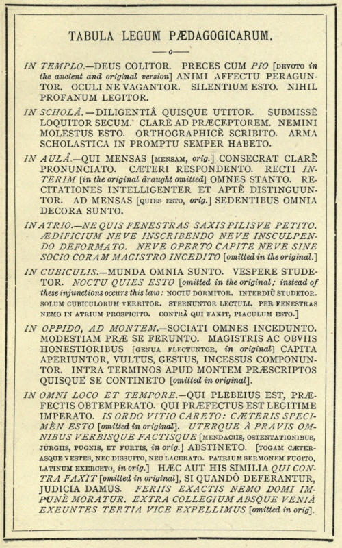 TABULA LEGUM PÆDAGOGICARUM. IN TEMPLO.—DEUS COLITOR. PRECES CUM PIO [DEVOTO in the ancient and original version] ANIMI AFFECTU PERAGUNTOR. OCULI NE VAGANTOR. SILENTIUM ESTO. NIHIL PROFANUM LEGITOR. IN SCHOLÂ.—DILIGENTIÂ QUISQUE UTITOR. SUBMISSÈ LOQUITOR SECUM. CLARÈ AD PRÆCEPTOREM. NEMINI MOLESTUS ESTO. ORTHOGRAPHICÈ SCRIBITO. ARMA SCHOLASTICA IN PROMPTU SEMPER HABETO. IN AULÂ.—QUI MENSAS [MENSAM, orig.] CONSECRAT CLARÈ PRONUNCIATO. CÆTERI RESPONDENTO. RECTI INTERIM [in the original draught omitted] OMNES STANTO. RECITATIONES INTELLIGENTER ET APTÈ DISTINGUUNTOR. AD MENSAS [QUIES ESTO, orig.] SEDENTIBUS OMNIA DECORA SUNTO. IN ATRIO.—NE QUIS FENESTRAS SAXIS PILISVE PETITO. ÆDIFICIUM NEVE INSCRIBENDO NEVE INSCULPENDO DEFORMATO. NEVE OPERTO CAPITE NEVE SINE SOCIO CORAM MAGISTRO INCEDITO [omitted in the original.] IN CUBICULIS.—MUNDA OMNIA SUNTO. VESPERE STUDETOR. NOCTU QUIES ESTO [omitted in the original; instead of these injunctions occurs this law: NOCTU DORMITOR, INTERDIÙ STUDETOR. SOLUM CUBICULORUM VERRITOR. STERNUNTOR LECTULI. PER FENESTRAS NEMO IN ATRIUM PROSPICITO. CONTRÀ QUI FAXIT, PIACULUM ESTO.] IN OPPIDO, AD MONTEM.—SOCIATI OMNES INCEDUNTO. MODESTIAM PRÆ SE FERUNTO. MAGISTRIS AC OBVIIS HONESTIORIBUS [GENUA FLECTUNTOR, in original] CAPITA APERIUNTOR, VULTUS, GESTUS, INCESSUS COMPONUNTOR. INTRA TERMINOS APUD MONTEM PRÆSCRIPTOS QUISQUE SE CONTINETO [omitted in original]. IN OMNI LOCO ET TEMPORE.—QUI PLEBEIUS EST, PRÆFECTIS OBTEMPERATO. QUI PRÆFECTUS EST LEGITIME IMPERATO. IS ORDO VITIO CARETO: CÆTERIS SPECIMÈN ESTO [omitted in original]. UTERQUE À PRAVIS OMNIBUS VERBISQUE FACTISQUE [MENDACIIS, OSTENTATIONIBUS, JURGIIS, PUGNIS, ET FURTIS, in orig.] ABSTINETO. [TOGAM CÆTERASQUE VESTES, NEC DISSUITO, NEC LACERATO. PATRIUM SERMONEM FUGITO, LATINUM EXERCETO, in orig.] HÆC AUT HIS SIMILIA QUI CONTRA FAXIT [omitted in original], SI QUANDÒ DEFERANTUR, JUDICIA DAMUS. FERIIS EXACTIS NEMO DOMI IMPUNÈ MORATUR. EXTRA COLLEGIUM ABSQUE VENIÁ EXEUNTES TERTIA VICE EXPELLIMUS [omitted in orig.]