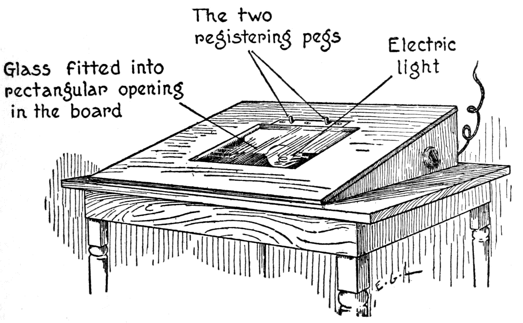 Glass fitted into rectangular  opening in the board; The two registering pegs; Electric light