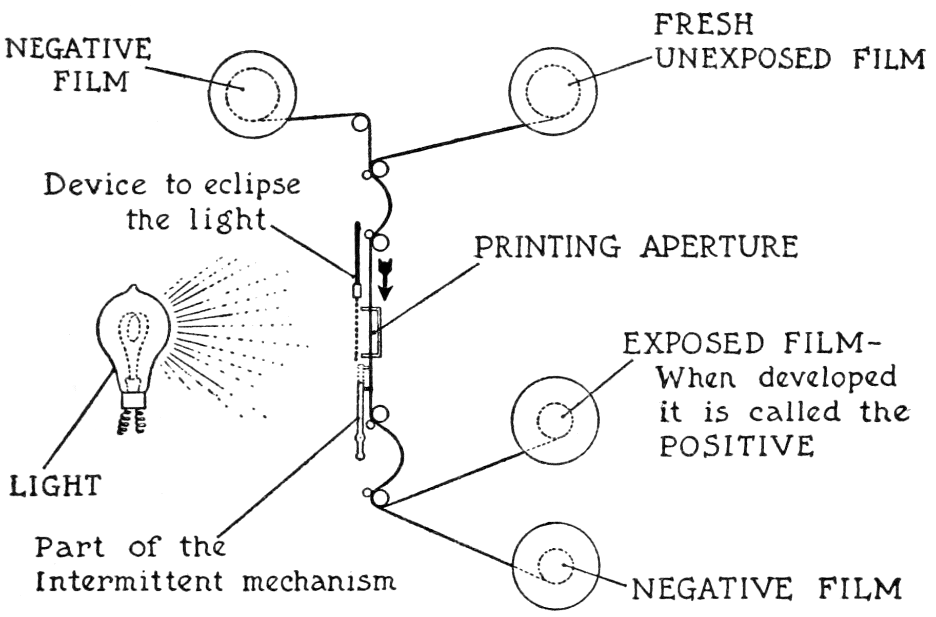 Negative Film; Fresh unexposed film; Device to eclipse the light; Light; Printing aperature; Part of the intermittent mechanism; Exposed film-when developed it is called the Postitive; Negative Film