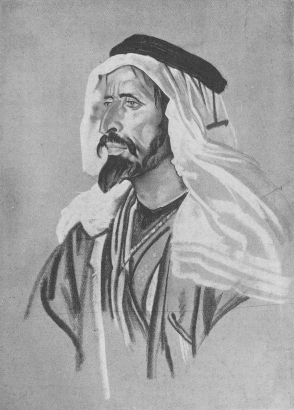 Portrait drawing 3⁄4 view chest up of a man in Arab dress