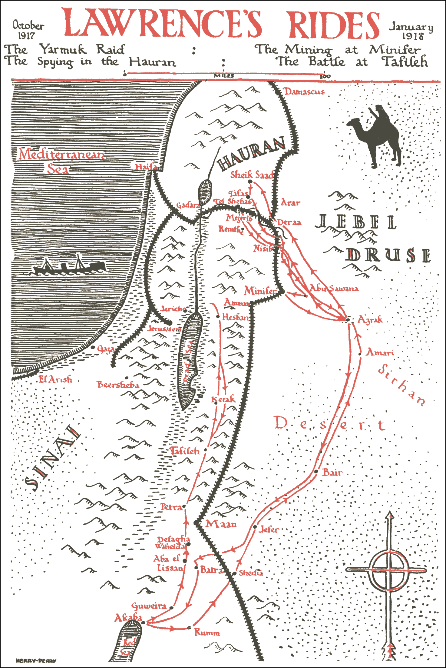 Map of area around Dead Sea with Lawrence’s travel paths indicated