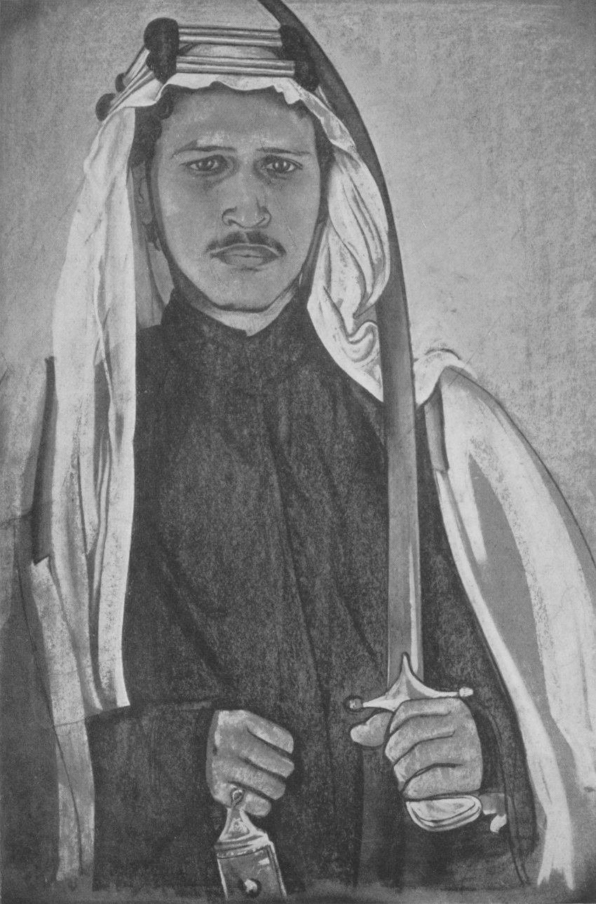 Portrait drawing waist up of a man in Arab dress facing forward