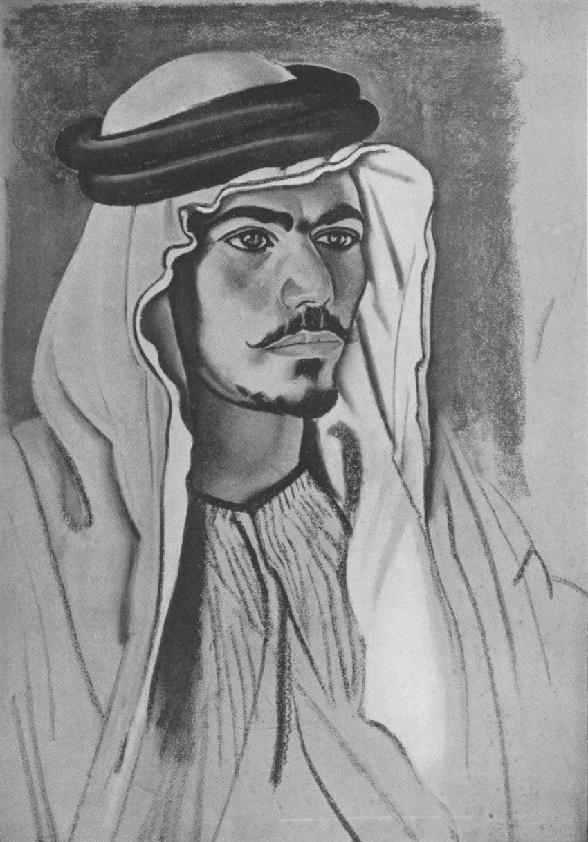 Portrait drawing 3⁄4 view chest up of a man in Arab dress