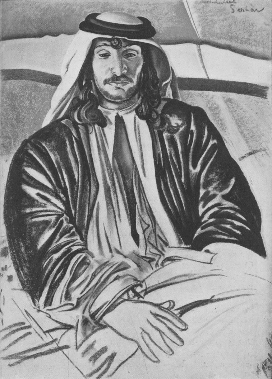 Portrait drawing waist up of a seated man in Arab dress facing forward