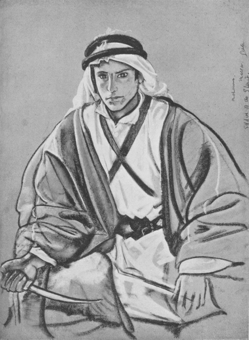 Portrait drawing of a seated man in Arab dress facing forward with right hand holding a dagger
