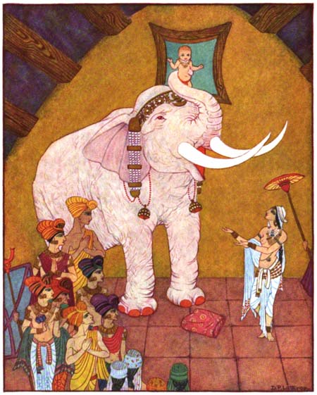 Then the elephant with his trunk caressed the Future Buddha and lifted him up.
