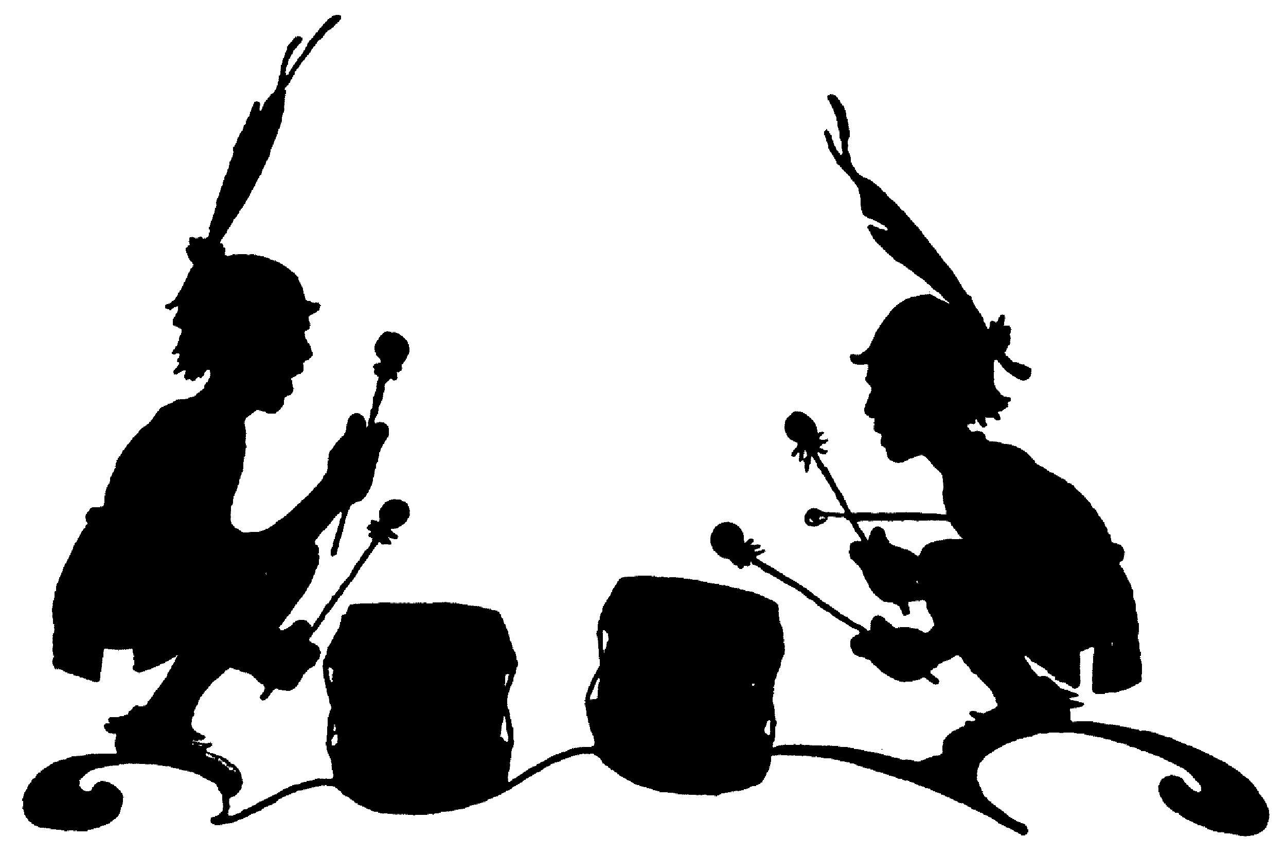 Silhouette of twins beating drums