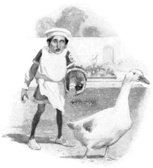 The dwarf, carrying a basket, follows the goose