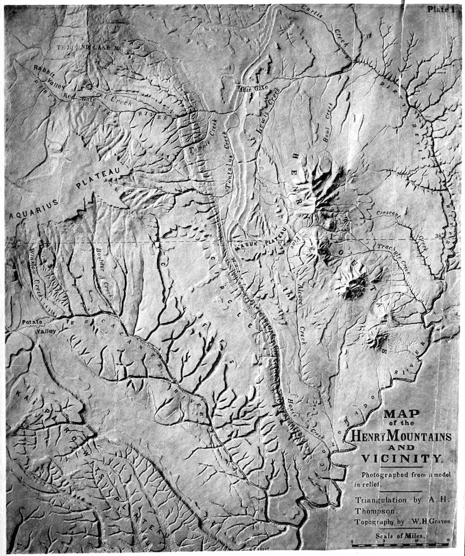 Plate I. MAP of the HENRY MOUNTAINS AND VICINITY. Photographed from a model in relief. Triangulation by A. H. Thompson. Topography by W. H. Graves.