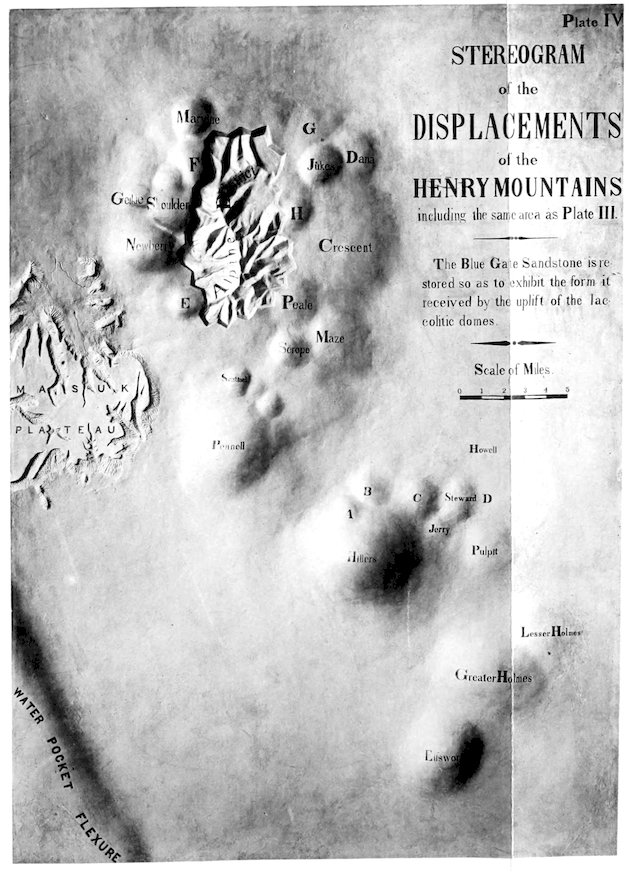 Plate IV. STEREOGRAM of the DISPLACEMENTS of the HENRY MOUNTAINS including the same area as Plate III. The Blue Gate Sandstone is restored so as to exhibit the form it received by the uplift of the laccolitic domes.