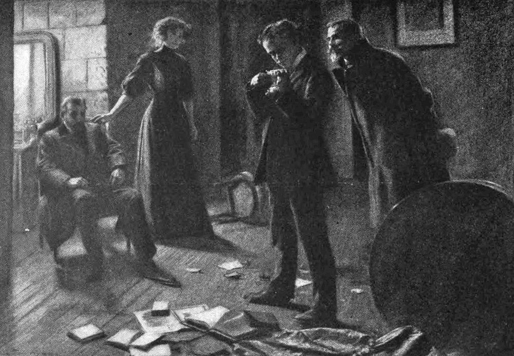 A man is examining the barrel of a revolver, holding another weapon in his other hand for comparison. To his right, another man appearing interested or suspicious. To the left, a seated man watches the scene looking resigned.