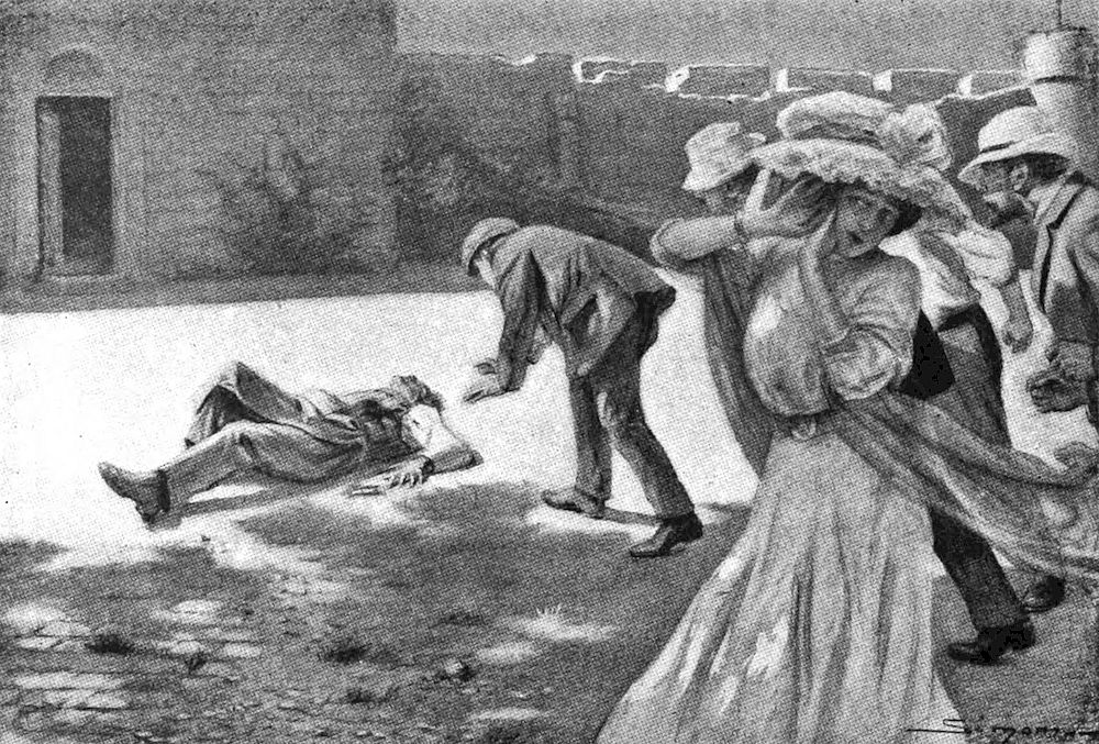 A wounded man is lying on the ground. His body is sprawled and a gun near his hand. A man in a hat and suit bends down, seemingly checking on the injured man. To the right, a woman dressed in an elegant gown with a large hat is clutching at her head.