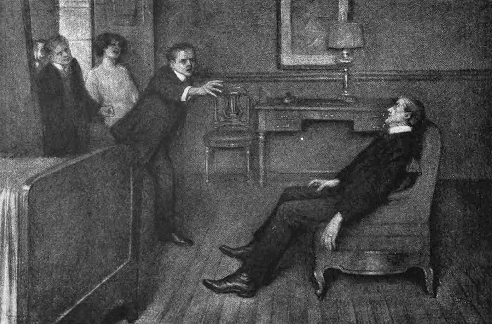 A man sits slumped in an armchair, seemingly unresponsive. His head is tilted back, and his arms rest limply at his sides. A man, advances toward him with an urgent posture. Behind him, two other figures-a man and a woman-stand in the doorway, observing the dramatic confrontation.