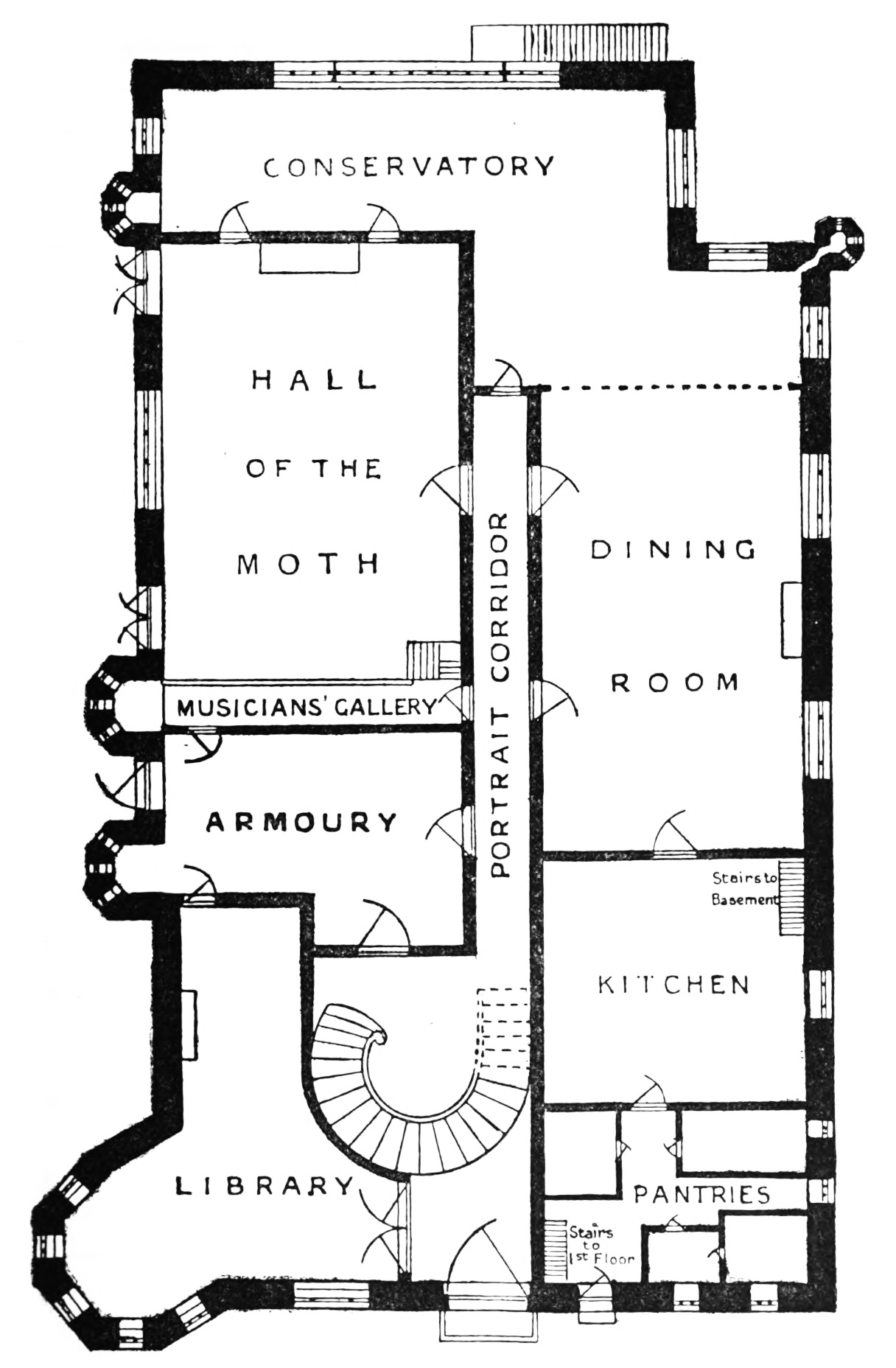 A plan of the ground floor of     Highglen House. The front door is at the bottom of the plan,     opening into a narrow corridor leading through the middle of the     house, as well as a winding staircase to the next floor. Large     doors immediately to the left of the front door connect to a     library in the bottom left corner of the building. Above the     library is the armoury. The armoury has doors on all sides,     including one to the outside. Above the armoury is a large room     labelled “Hall of the Moth”. The door between the armoury and the     Hall of the Moth is underneath a raised platform labelled     “Musicians’ Gallery”. Both the Hall of the Moth and the central     corridor have doors to the conservatory, which runs along the top     of the plan, and has a large window along most of the top wall.     The right-hand side of the plan is mostly taken up by the     dining-room, which the conservatory connects to directly. Below     the dining-room are the kitchen and pantries.