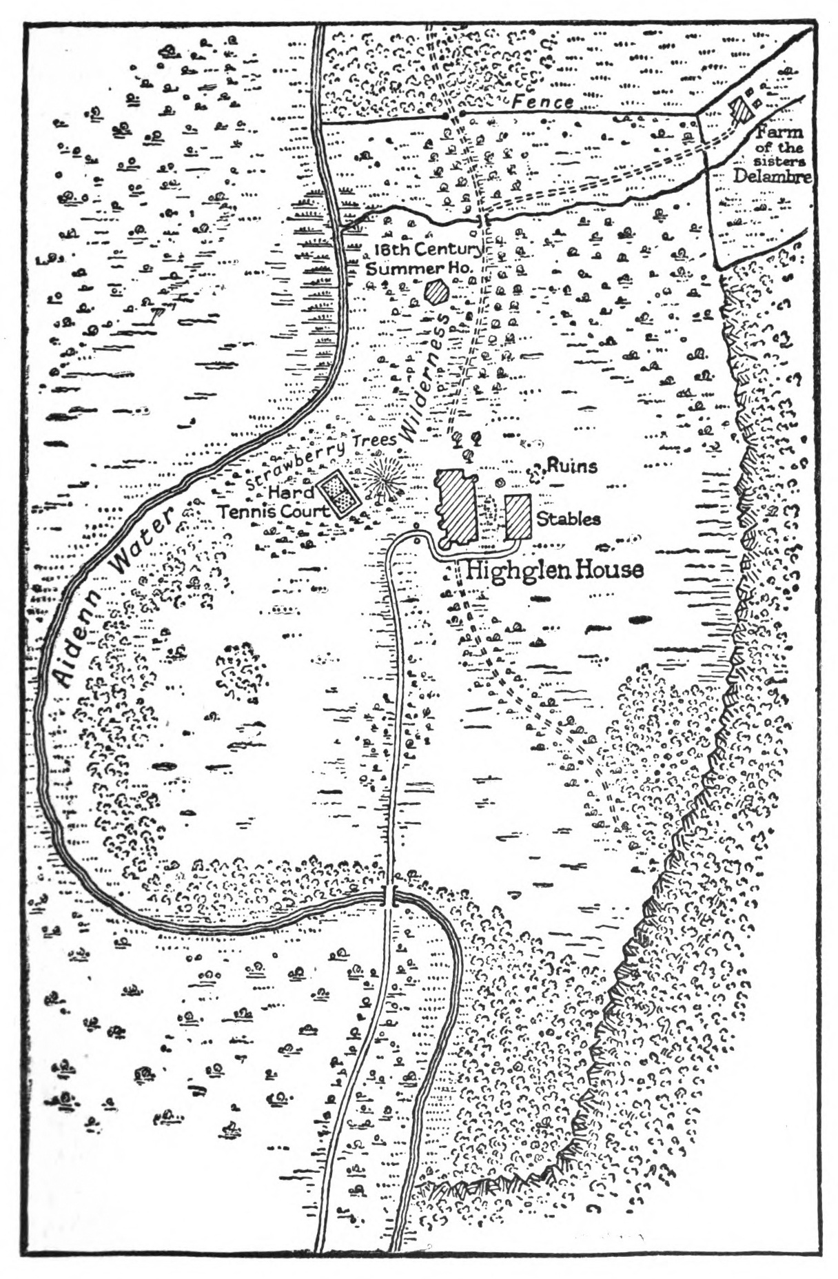 A map of the area surrounding     Highglen House. Close to the house are some ruins and the Stables.     A road leads from the stables, past the house, and then down the     map. Off to the left is a grove of strawberry trees, in the middle     of which sits a hard tennis court. At the top right corner of the     map is a building labelled “Farm of the sisters Delambre”. The     farm sits close to a fence, which runs across the map until it     meets the river, labelled “Aidenn Water”. The river runs down the     left side of the map, turning briefly towards the middle of the     map where it crosses under the road. Between Highglen House and     the farm is a footpath, halfway along which it passes a small     structure labelled “18th Century Summer House”. A small brook     branches off of Aidenn Water which crosses the footpath at a small     bridge, and from there another footpath continues up the map,     through a gate in the fence, and beyond.