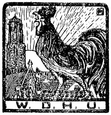 Uitgeverslogo W. de Haan: tekst: W.D.H.U. en kraaiende haan bij de Utrechtse Domtoren.