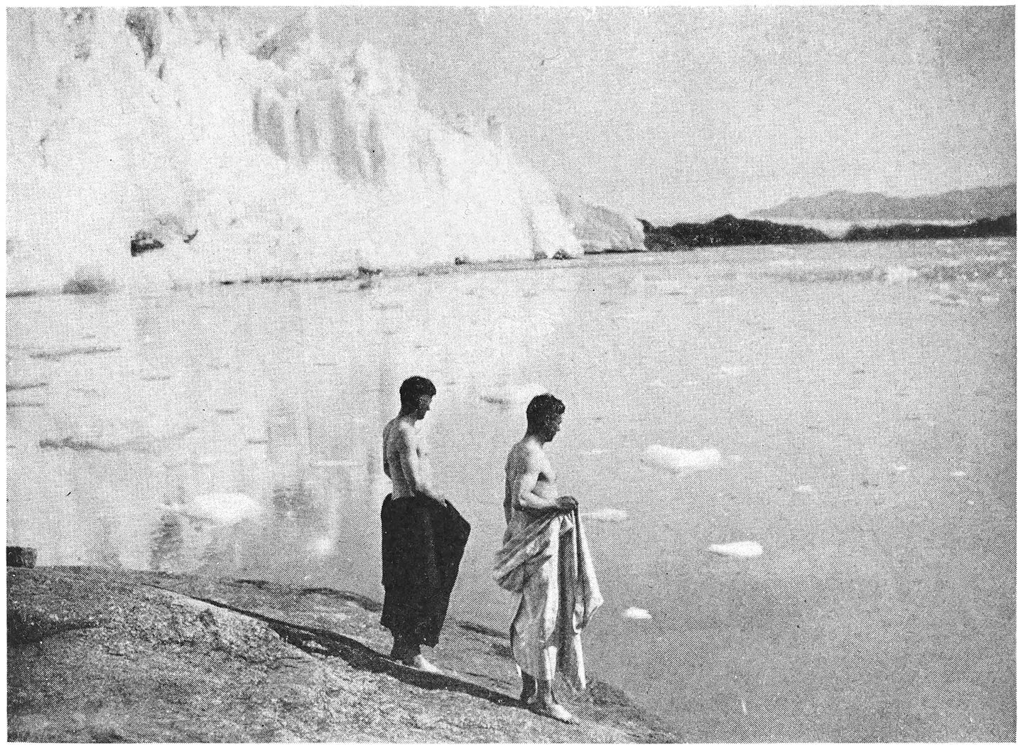 Carl and Art Try Swimming at the Foot of the Glacier.