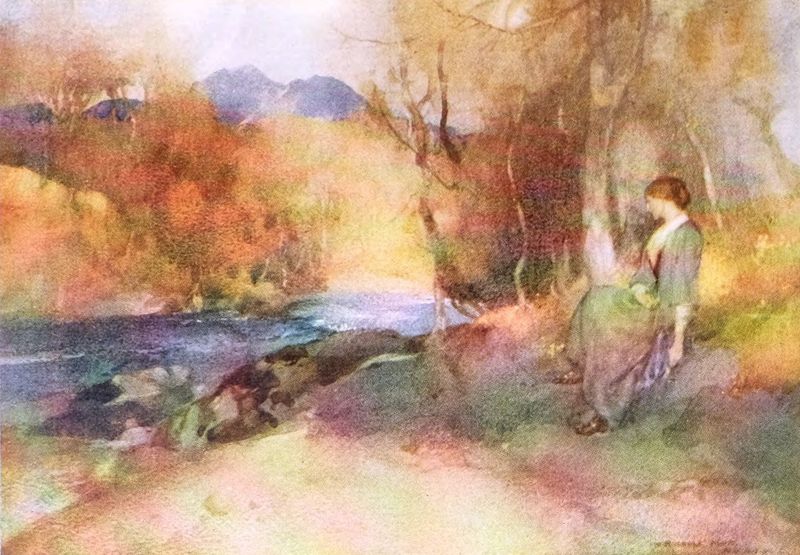 Young lady sitting on a rock on a river bank