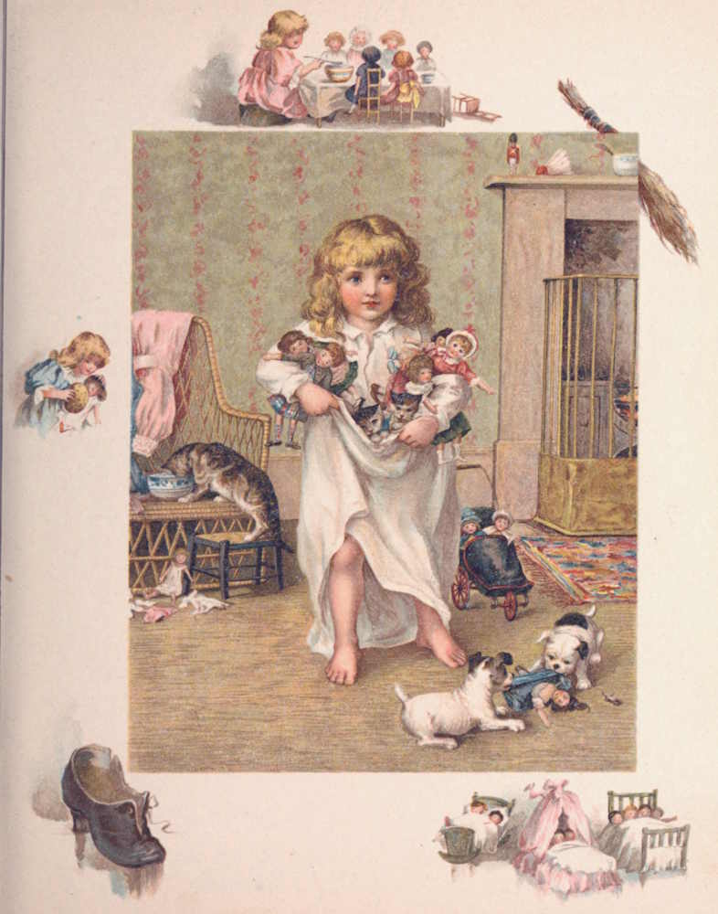 Girl holding dolls with puppies and a cat on the floor