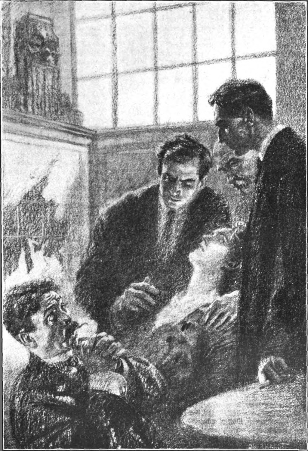 In a large room a woman slumps       in a chair, staring at the ceiling with a blank expression. A       man kneels before her, upset, with his hands clasped before him.       Three other men stand around the seated woman protectively,       closely watching the other man.