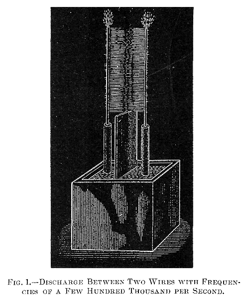 FIG. 1.—DISCHARGE BETWEEN TWO WIRES WITH FREQUENCIES OF A FEW HUNDRED THOUSAND PER SECOND.