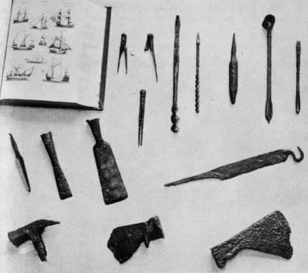 [Illustration: Boat-building tools found, all made before 1700.]