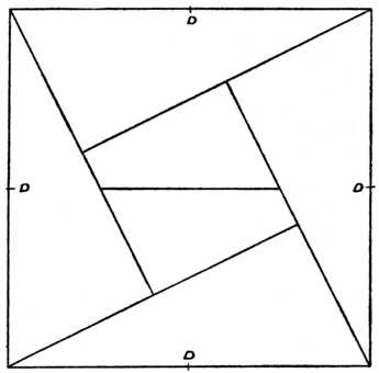 Fig. 400.—Six-piece Square Puzzle. (The
    Centres of the Four Outlines are lettered
    at D, D, D, D.)