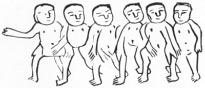 Chinese representation of pygmies going about arm-in-arm for mutual
protection (from Moseley's "Note by a Naturalist on H.M.S.
Challenger")