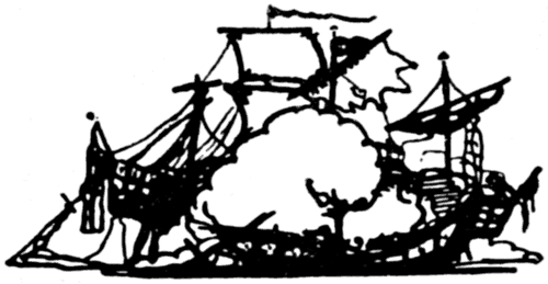Two ships, the smaller one apparently being burned