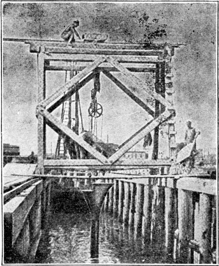 Fig. 34.—Tremie and Traveler Used at Charlestown, Mass.,
Bridge.