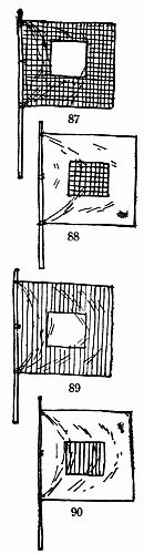 Telegraphic Signal Flags: 87, Black with White Centre;
88, White and Black;
89, Red and White;
90, White and Red.