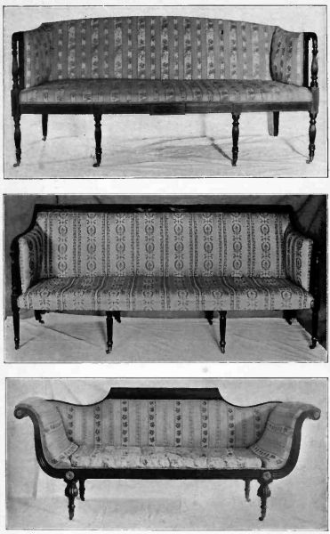 Plate XXVIII.—Sheraton, mahogany frame, about 1800; Sheraton with solid arms and straight, slender legs; Sheraton, about 1790. Note the graceful curve of the arms.