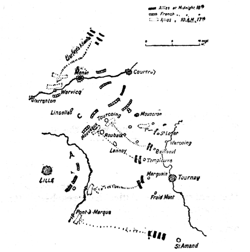 Tourcoing. May 16 to 18, 1794. The breakdown of the attempt of the Allies to cut off the French near
Courtrai from Lille was due to their failure to synchronise They should
have been in line from A to B at noon of the 17th with Clerfayt at C.