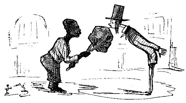 An English acquaintance of Our Artist wants a light for
his paper segar; whereupon the waiter, according to custom, brings a
live coal.