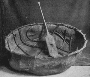 b. Bull-boat and paddle, obtained from the Hidatsa. Marked "Fort Buford, Dak. Ter. Grosventres
Tribe. Drs. Gray and Matthews." (U.S.N.M. 9785)